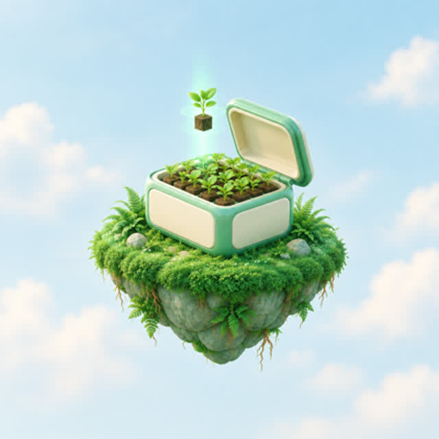 An open mint-and-cream crate on a floating islet, filled with rows of seedlings ready to travel.