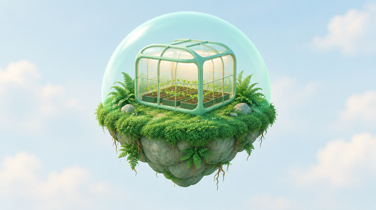 A floating island under a protective dome, holding a glass greenhouse where leads grow as sprouts.
